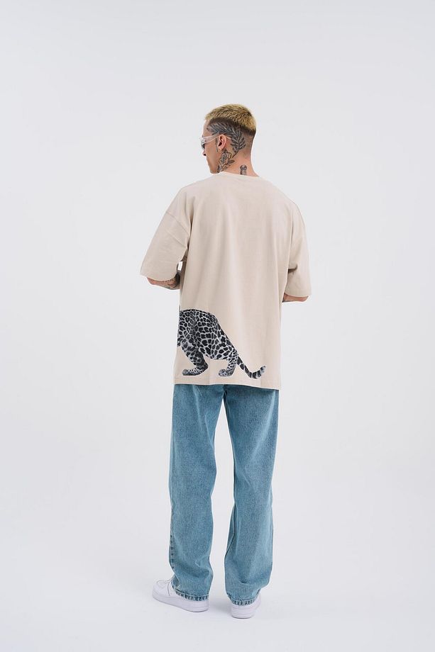 Erkek Leopard Baskılı Oversize Açık Bej Tişört - 5