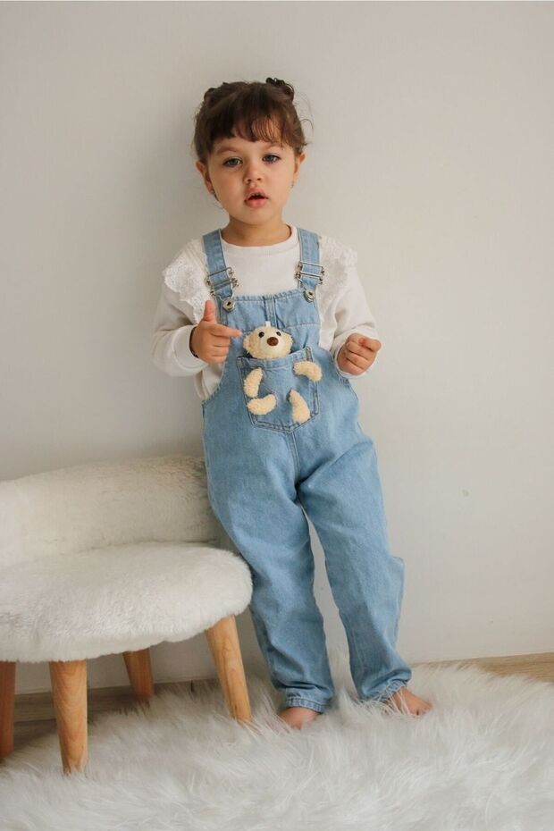 Unisex Children's Denim Overalls with Teddy Bear