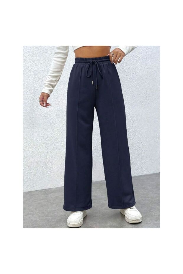 Navy Blue Front Stitched Fleece Inside Winter Thick High Waist Wide Leg Comfortable Fit Sweatpants