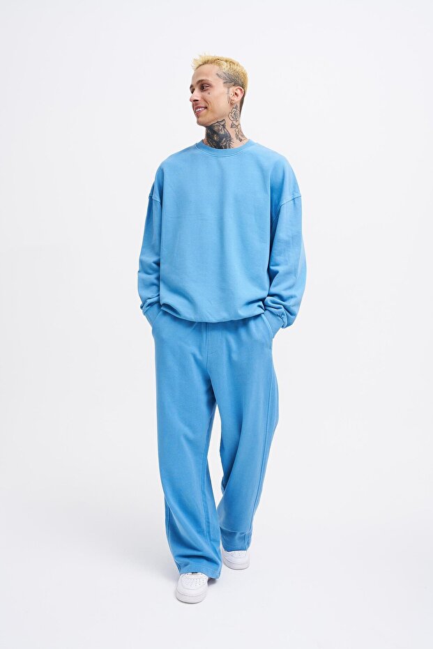 Erkek Yıkamalı Basic Baggy Mavi Eşofman Altı - 5