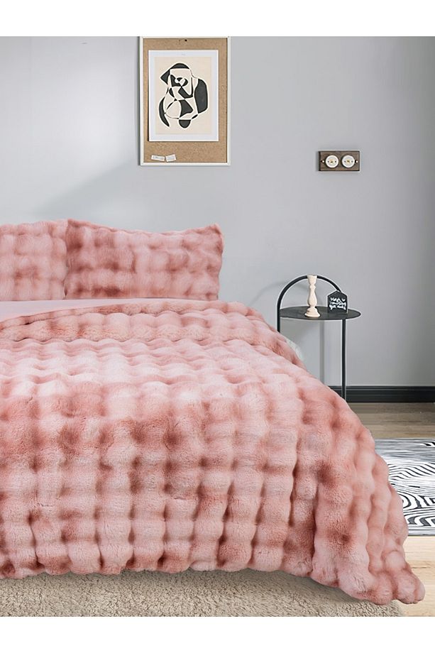 Bubble Soft Tavşan Tüyü Çift Kişilik Yatak Örtüsü Seti Pudra 220x240 - 3