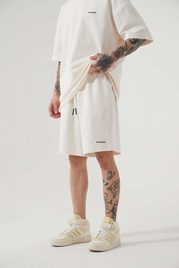 Erkek Cepli Basic Oversize Beyaz Şort - 1