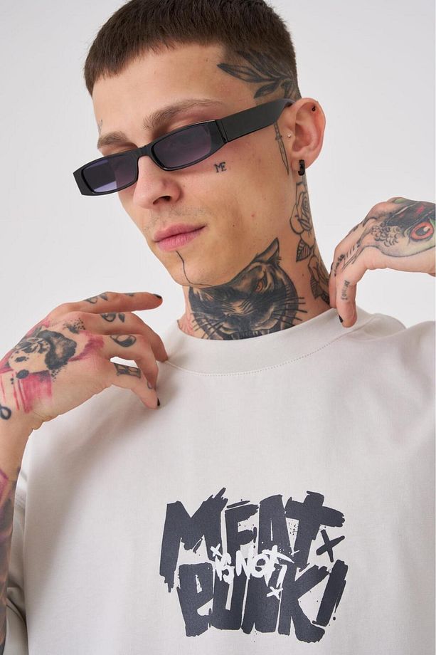 Erkek Meat Punk Baskılı Oversize Space Grey Tişört - 3