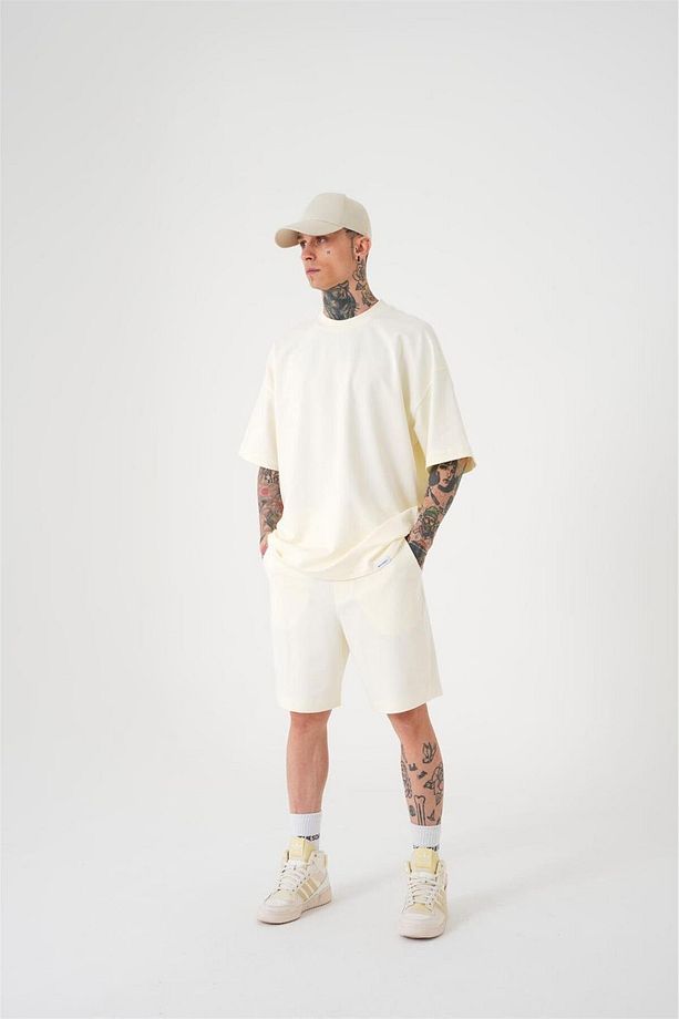 Erkek Premium Cepli Basic Relaxed Pamuklu Krem Şort - 4