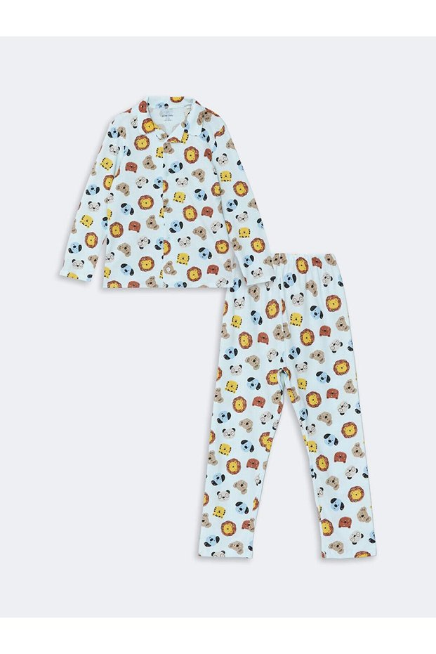 Lcw Baby Printed Polo Collar Long Sleeve Printed Baby Boy Pajamas Set