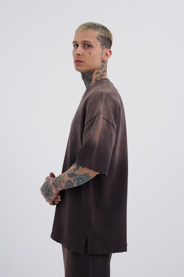 Erkek Yıkamlıı Transsition Baskılı Oversize Kahve Tişört - 5
