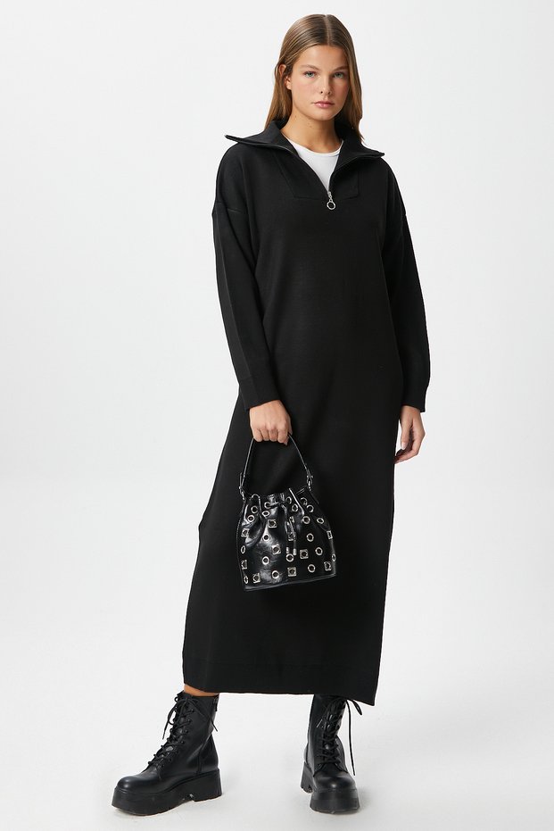 Women's Magie Polo Neck Zip Black Long Knitwear Dress