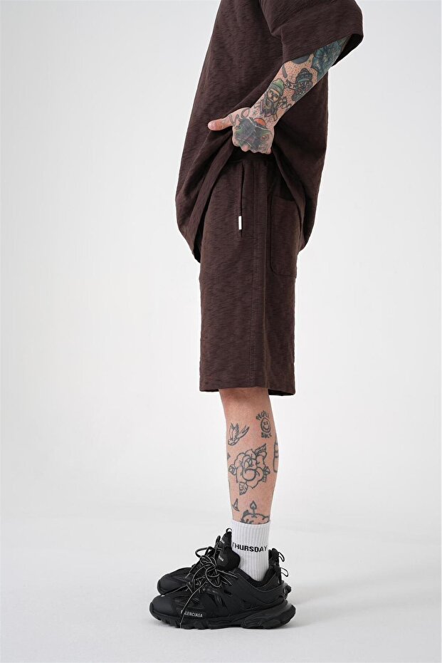 Erkek Premium Basic Pamuklu Oversize Kahve Şort - 2
