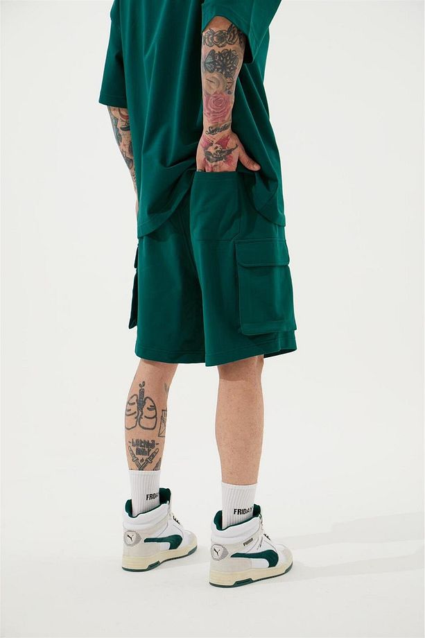 Erkek Kargo Basic Oversize Koyu Yeşil Şort - 3