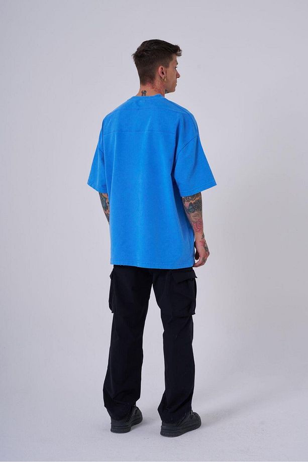 Erkek Yıkamalı Hidden Patch Oversize Mavi Spotted Tişört - 5