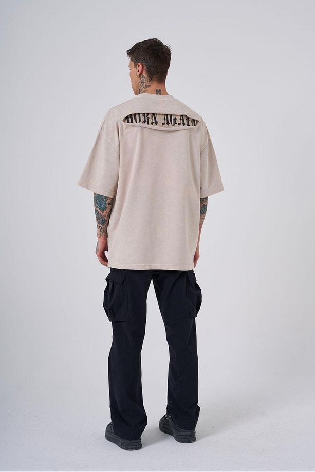 Erkek Yıkamalı Hidden Patch Oversize Açık Bej Spotted Tişört - 6