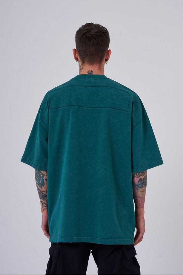 Erkek Yıkamalı Hidden Patch Oversize Petrol Spotted Tişört - 2
