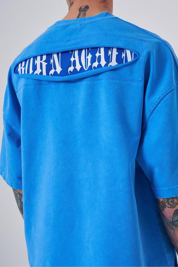 Erkek Yıkamalı Hidden Patch Oversize Mavi Spotted Tişört - 2