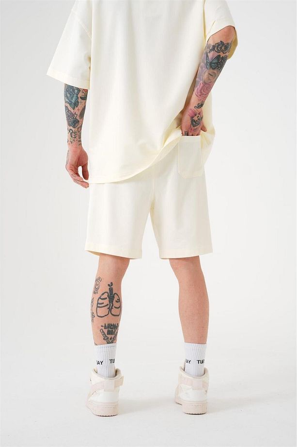 Erkek Premium Cepli Basic Relaxed Pamuklu Krem Şort - 3