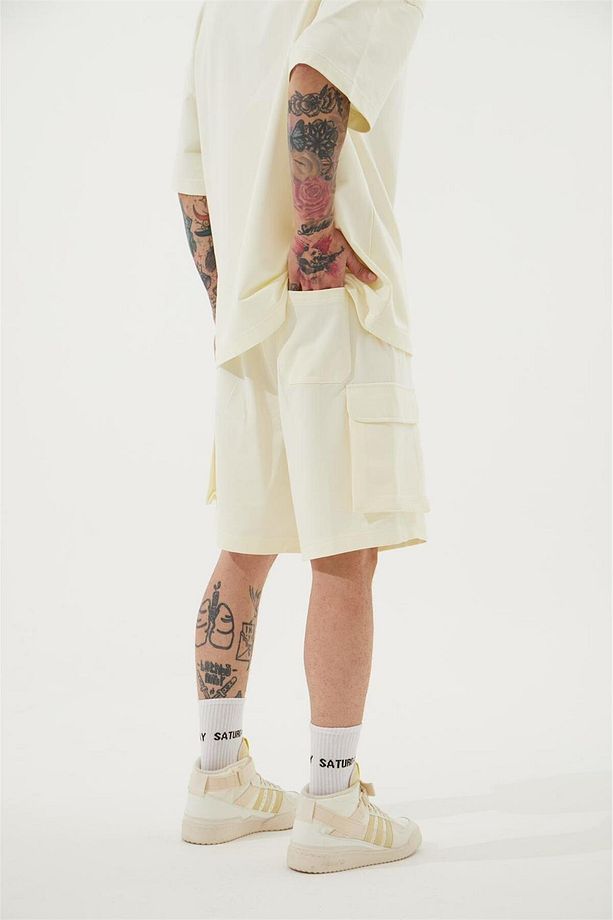 Erkek Kargo Cepli Basic Oversize Krem Şort - 3