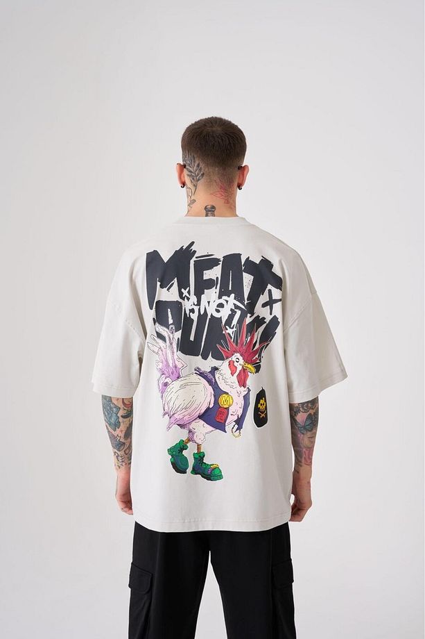 Erkek Meat Punk Baskılı Oversize Space Grey Tişört - 1