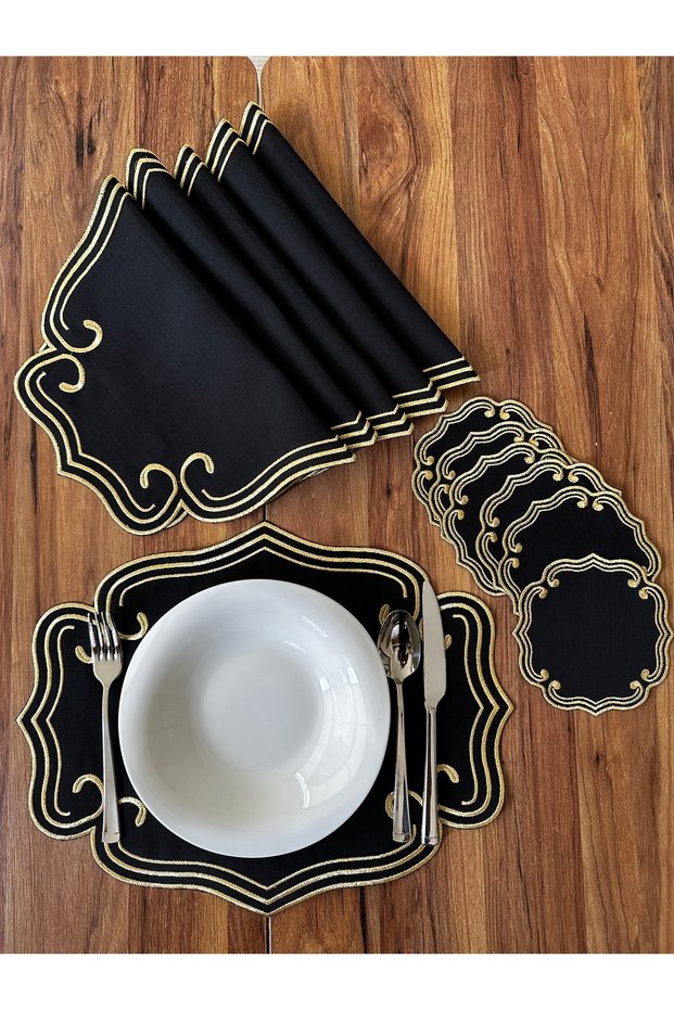 Curly Model Gold Embroidered 12-Piece Set American Serving and Cocktail Presentation Napkin