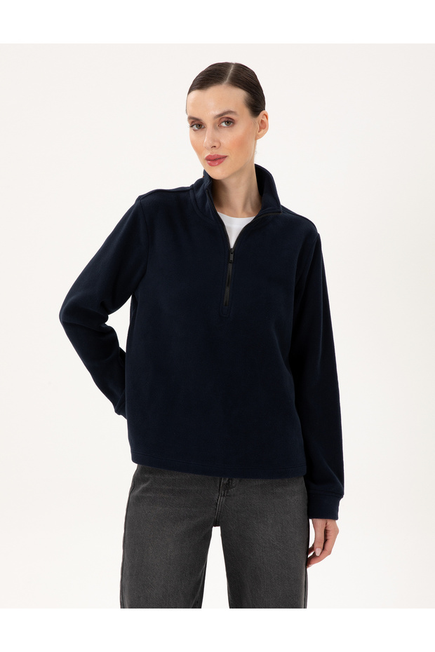 Navy Blue Comfort Fit Zippered Fleece Sweatshirt 50300846-Vr033