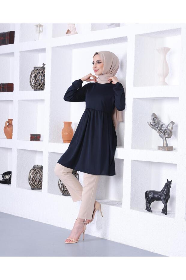 Tunic with Elasticated Sleeves - Navy Blue - 7272