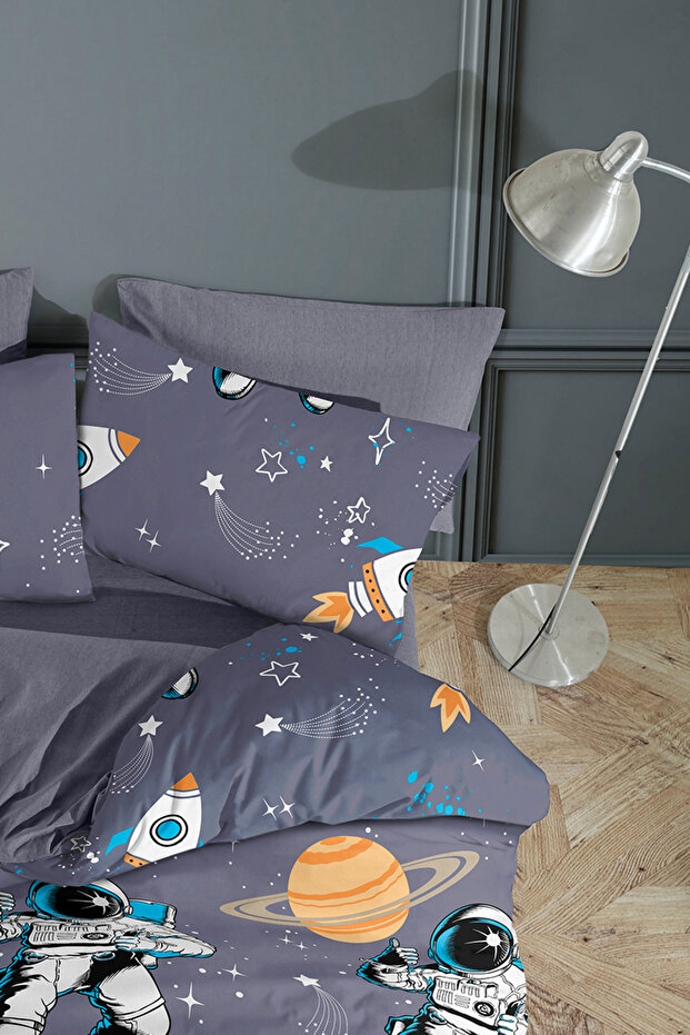 Astronaut Space Patterned Single Duvet Cover Set with Elastic Sheets and Double Sides - 5
