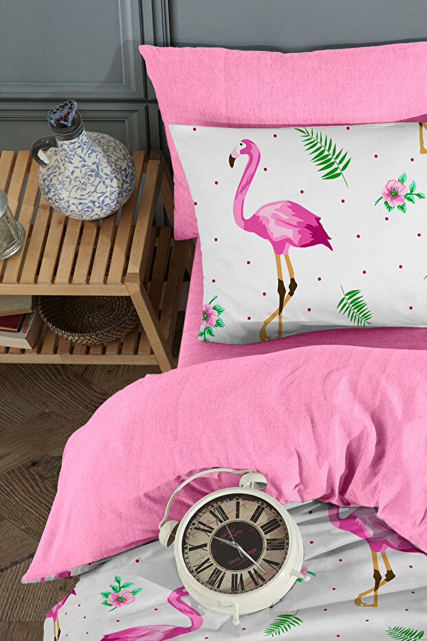 Flamingo Patterned Single Duvet Cover Set with Elastic Sheets and Double Sides - 3