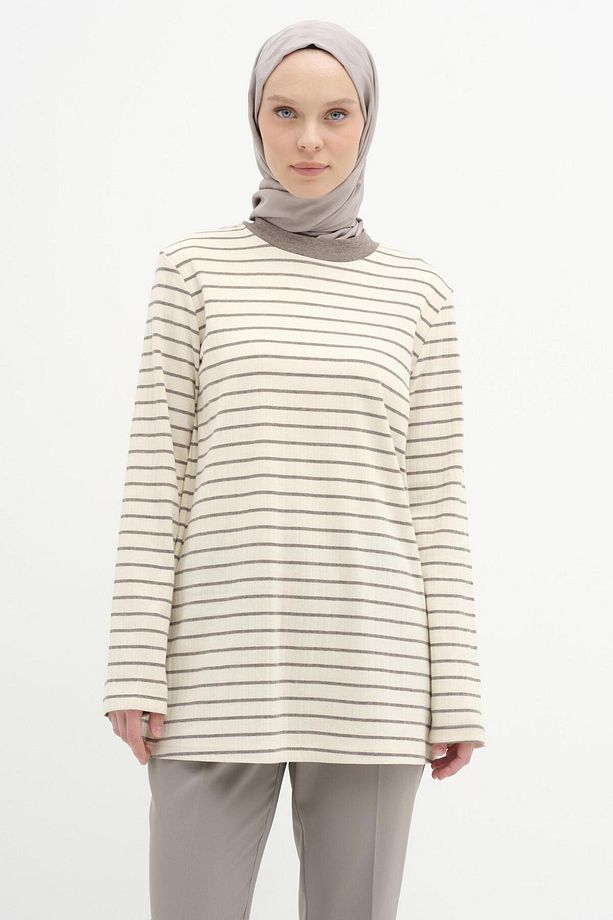 Çizgili Örme Bluz - Vizon - 3