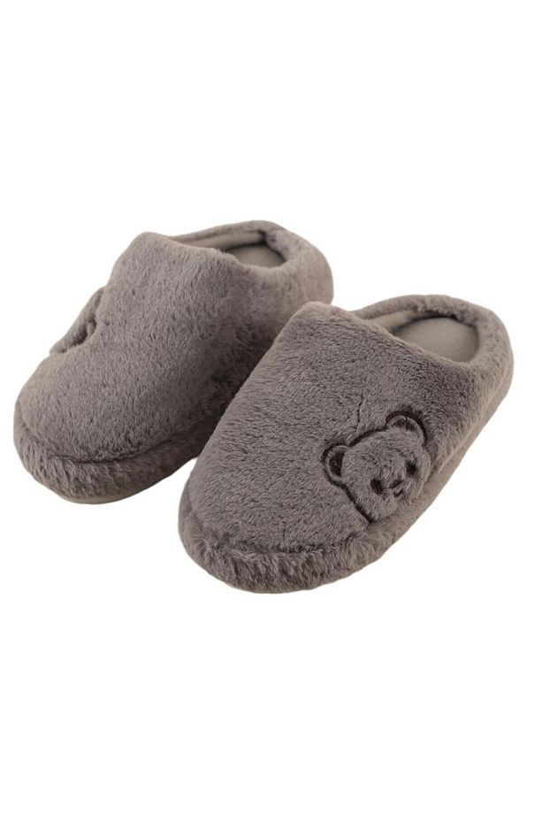 Önü Kapalı Ayıcık Baskılı Peluş Kadın Ev Terliği GRİ - 5