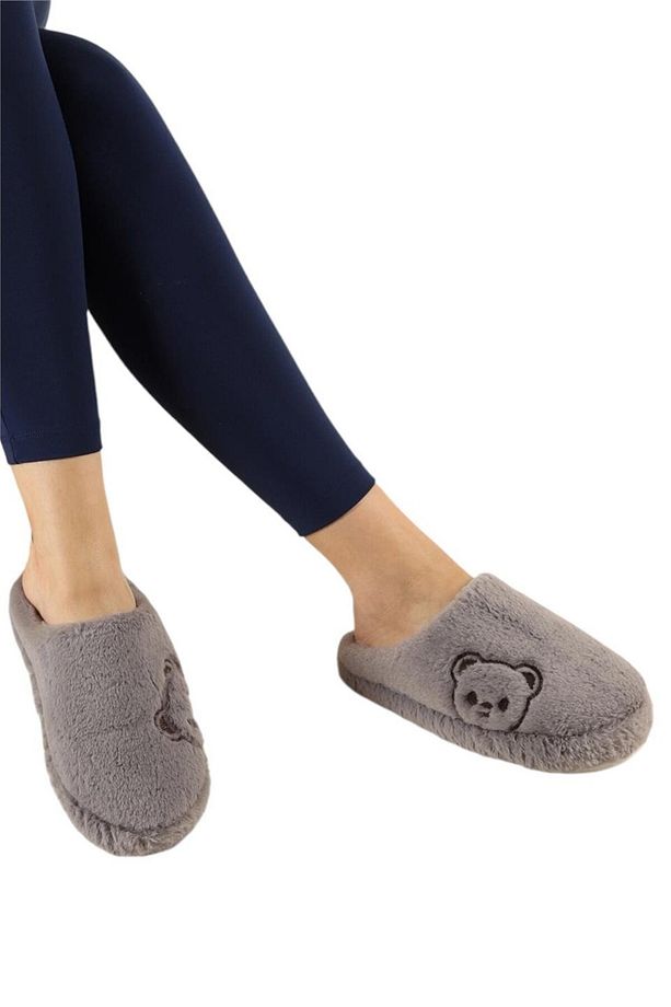 Önü Kapalı Ayıcık Baskılı Peluş Kadın Ev Terliği GRİ - 4