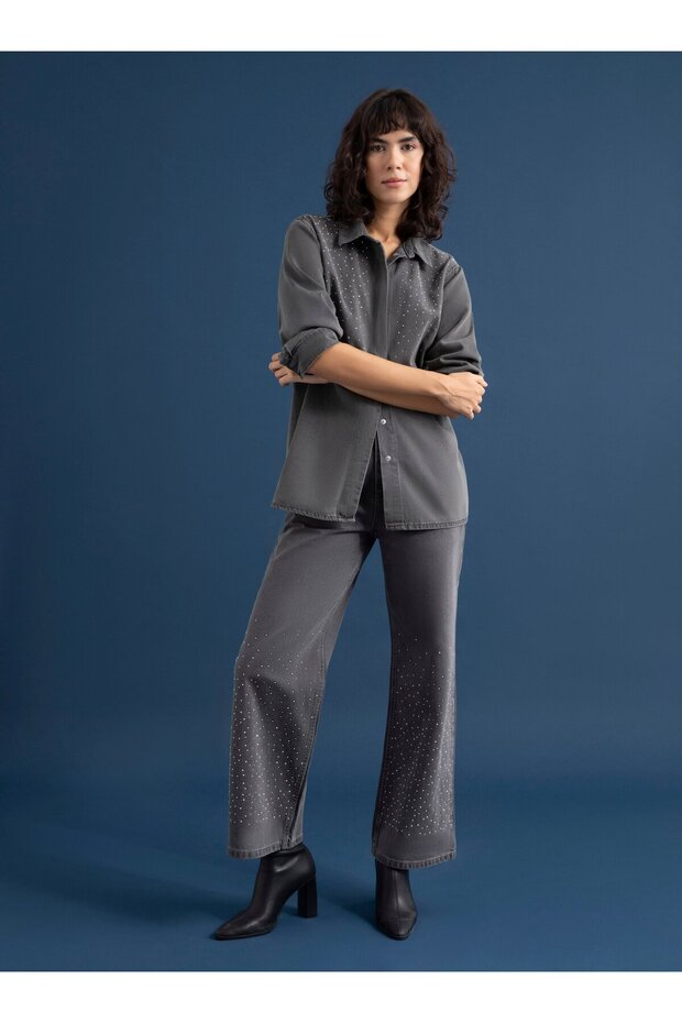 تونيك من الدنيم باللون الرمادي - بتفاصيل حجرية - ريفكا - 1