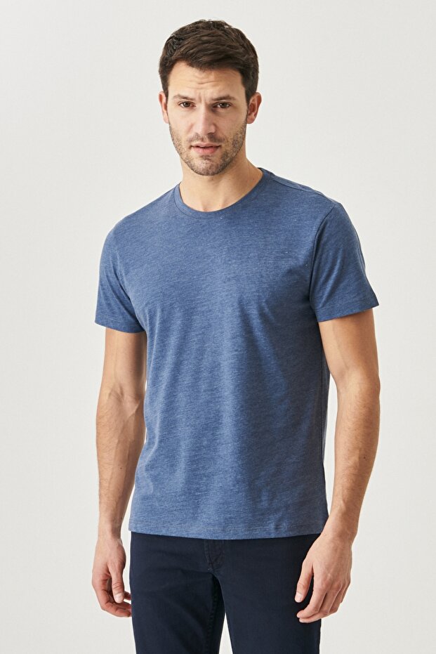 Erkek Saks-bordo-lac Slim Fit Dar Kesim Bisiklet Yaka %100 Pamuk 5'li Basic Tişört Paketi - 4