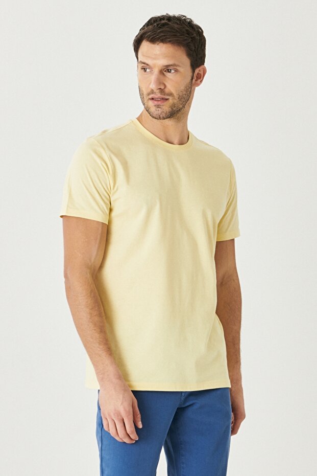 Erkek Beyaz-lacı-sarı-kırmızı-ındıgo Melanj Slim Fit Bisiklet Yaka 5'li Basic Tişört Paketi - 8