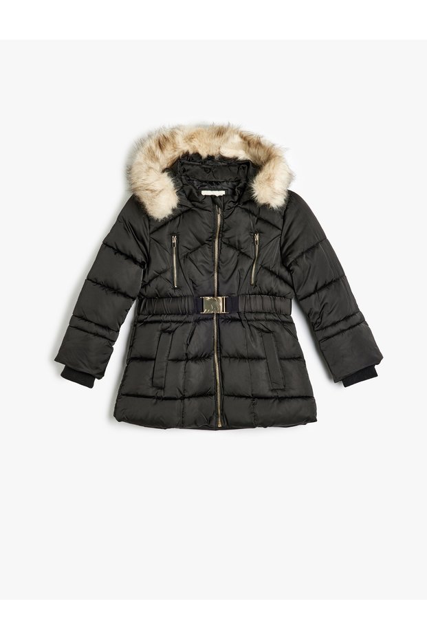 Inflatable Coat with Faux Fur Detail, Hood, Pockets, Zipper, and Belt Detail