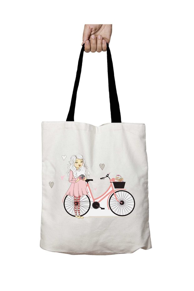 Summer Basket Bicycle Girl Washable School Shoulder Bag with Black Handles