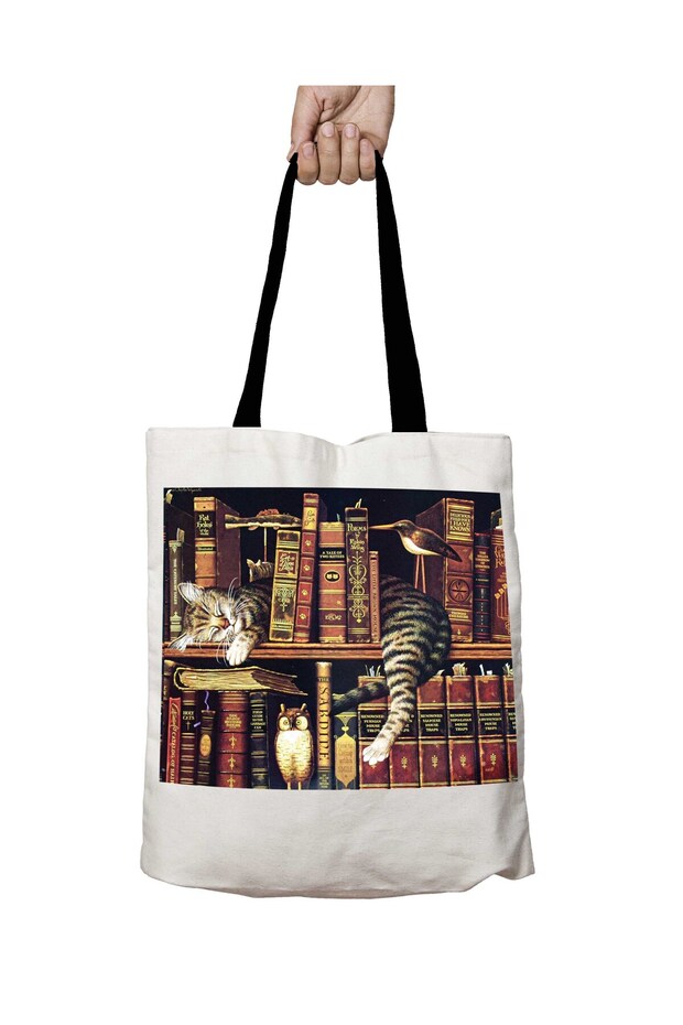Cat in the Library Washable School Shoulder Bag with Black Handles