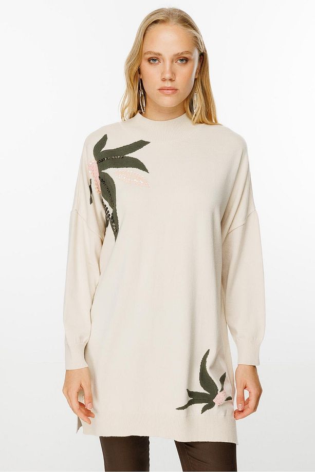 Desenli Triko Tunik Ekru - 1