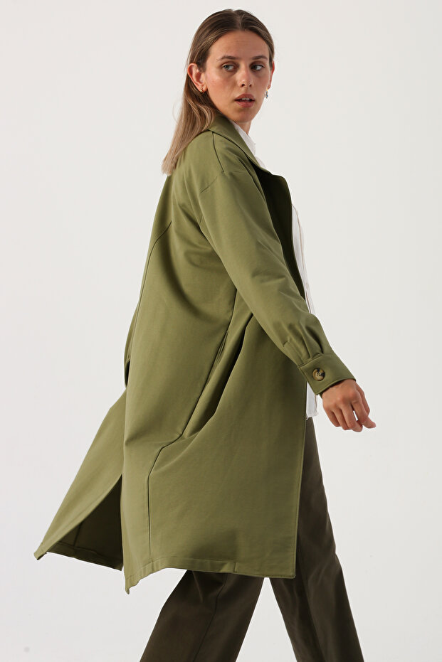 Açık Haki Düğmeli Rahat Kalıp Örme Ceket - 5