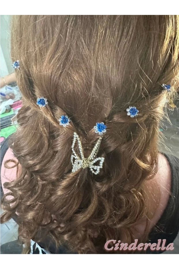 10-Piece Mini Crystal Stone Flower Design Hairpin Hair Clip Royal Blue - Wedding Hair Accessory Bun Clip