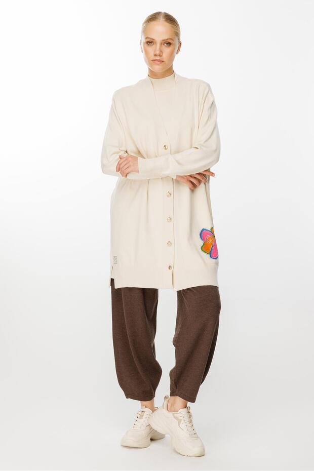 Önü Düğmeli Triko Hırka EKRU - 3