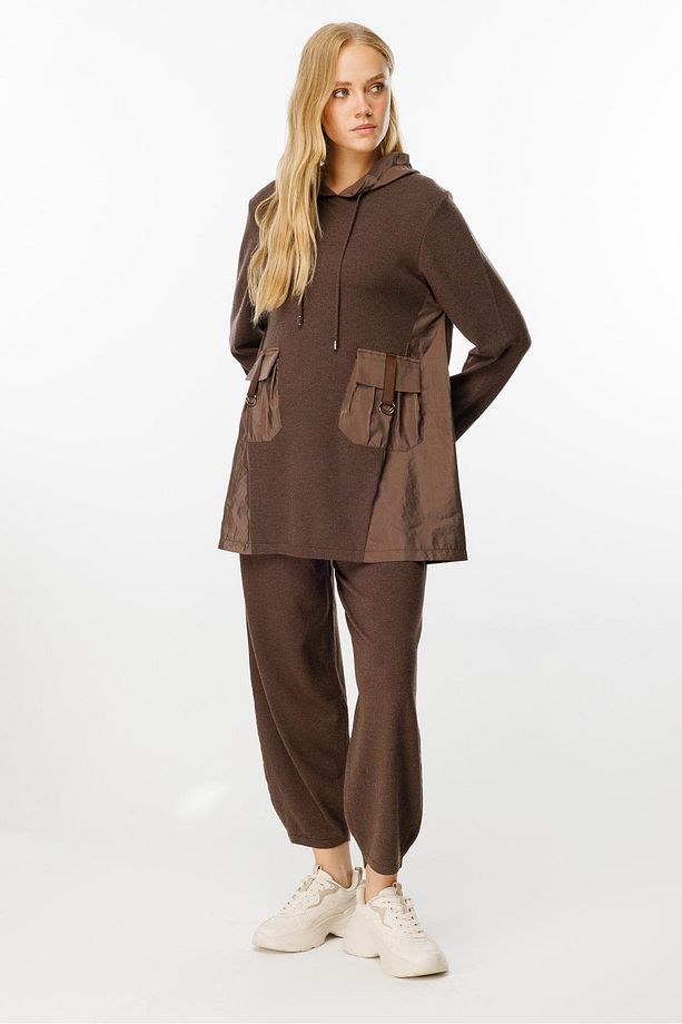 Cep Detaylı Triko Tunik Pantolon Takımı Kahve - 2