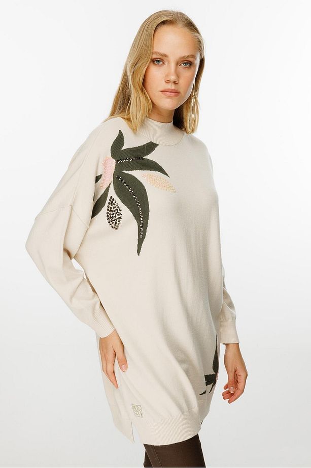 Desenli Triko Tunik Ekru - 7