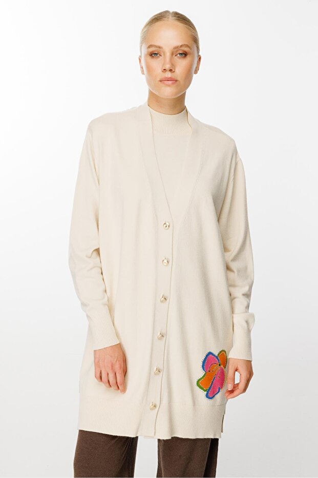 Önü Düğmeli Triko Hırka EKRU - 1