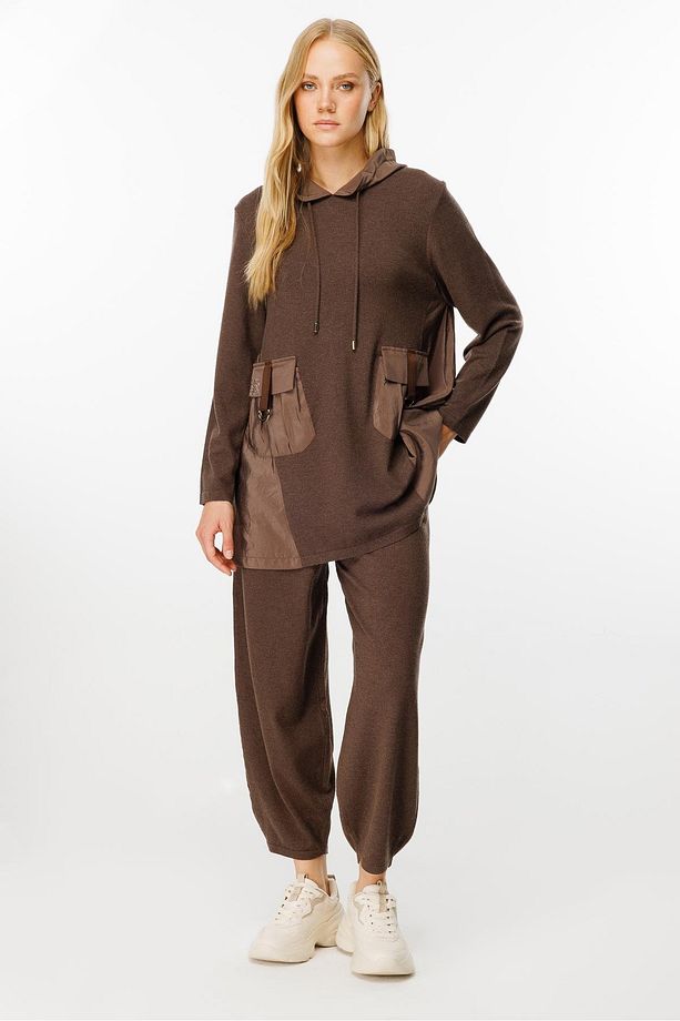 Cep Detaylı Triko Tunik Pantolon Takımı Kahve - 4