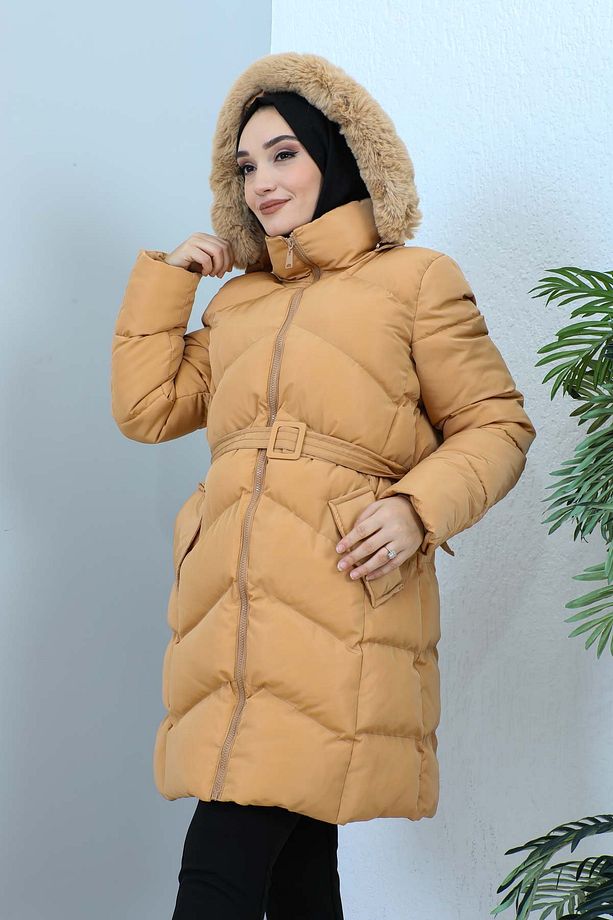 Camel Kapüşonlu Şişme Mont - 2