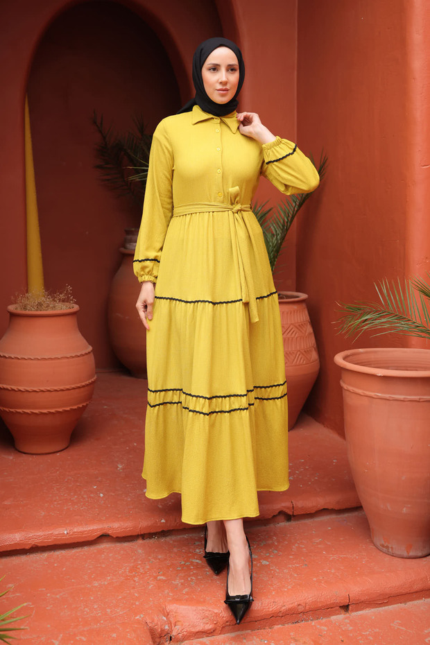 Oil Green Sleeve Elastic Hem Folded Stripe Wrinkled Dress