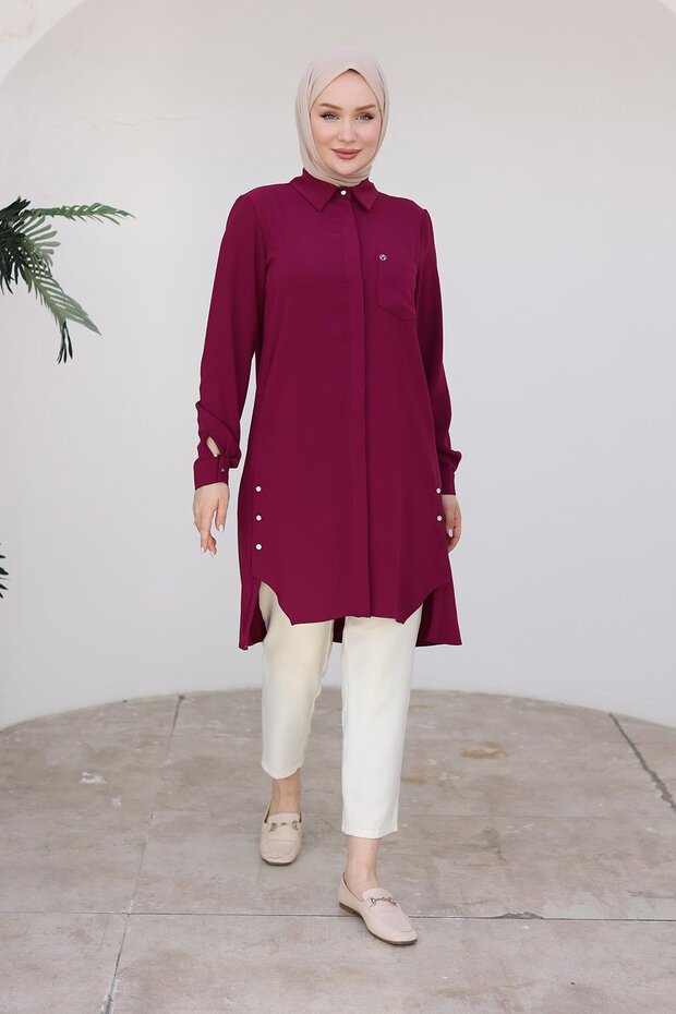 Tunic with Hidden Buttons and Shirt Collar-Vishne 24Kt473
