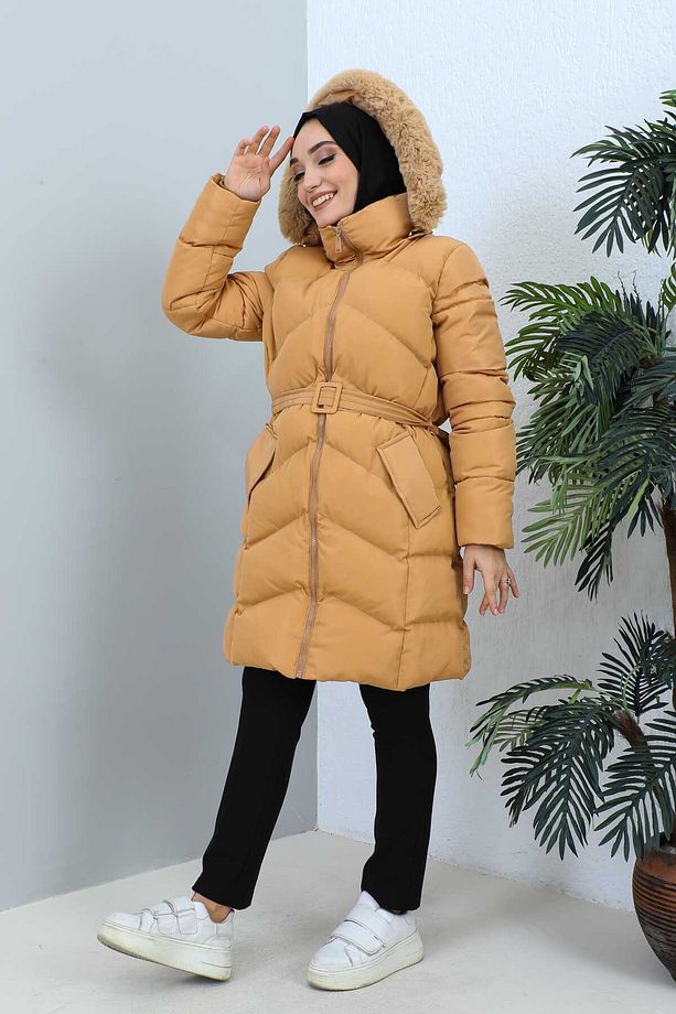 Camel Kapüşonlu Şişme Mont - 4