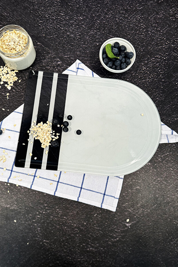 Grooved Glass Cutting Board | Black Rock Stripe - Oval Edge | 25cm X 35cm | Patented Product