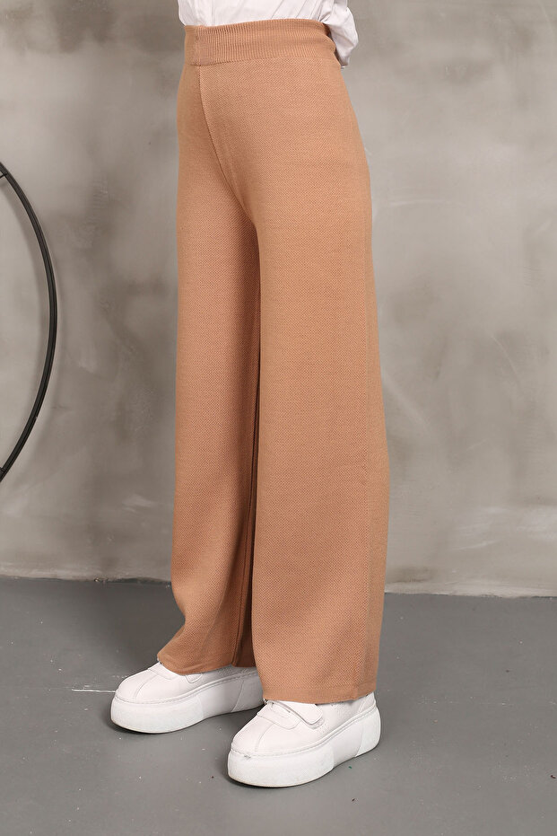 Bisküvi Yüksek Bel Bol Paça Triko Pantolon - 4