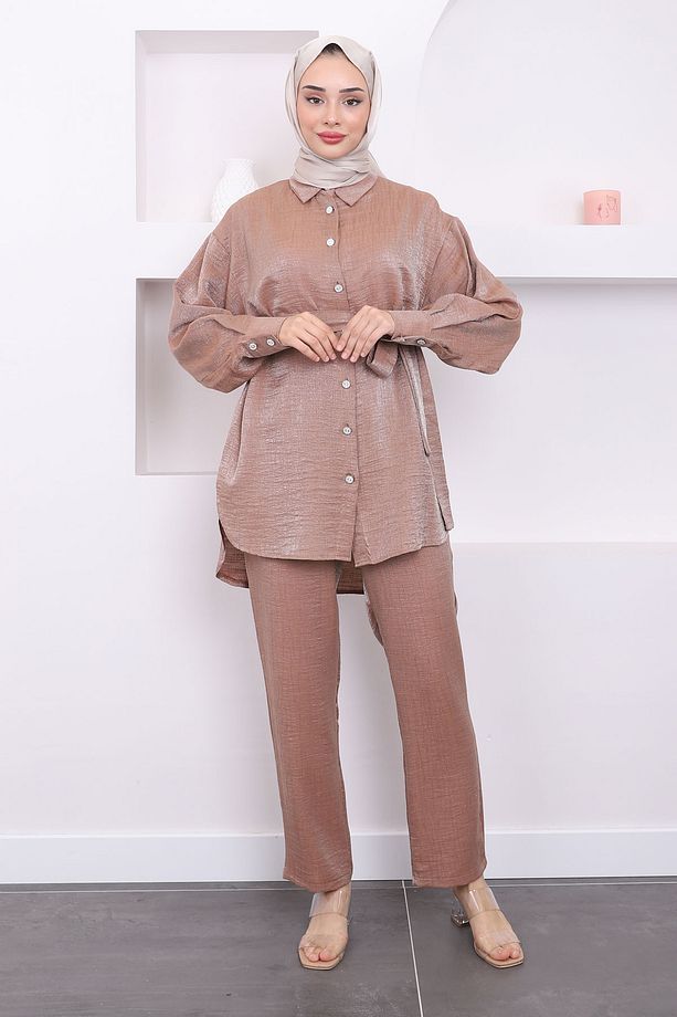 Camel Düğmeli Tunik Pantolon Saten Takım - 1