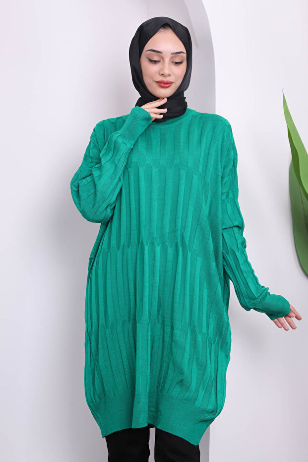 Green Crew Neck Mercerized Loose Knitwear Tunic